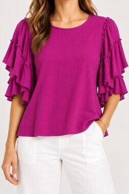 Mary & Mabel Blouse Fuchsia Ruffle Flutter Sleeve Made USA Vintage Size-M